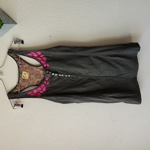 Free People Olive Green Tank with Pink Floral Embroidery
